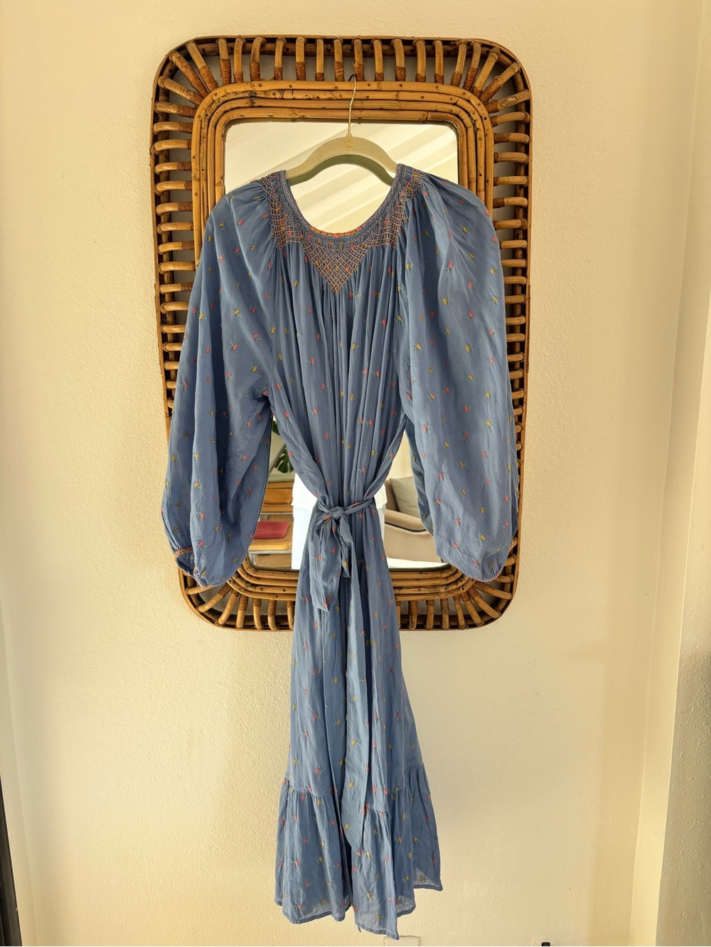 Gorgeous Embroidered Doen Smocked Neck Blue Floral Dress with Waist Tie